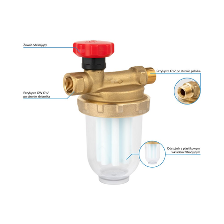 Filtr olejowy AFRISO V500Si jednorurowy fi 3/8'' x 3/8'' GW x GZ, z wkładem plastikowym, maks. przepływ 250 l/h