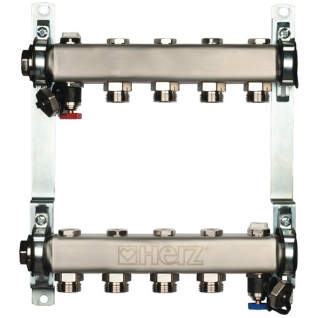 Rozdzielacz do ogrzewania podłogowego HERZ 12-obieg. stal nierdzewna GW 1'' x GZ 3/4'' + zawór napełn/spust + odpowietrznik