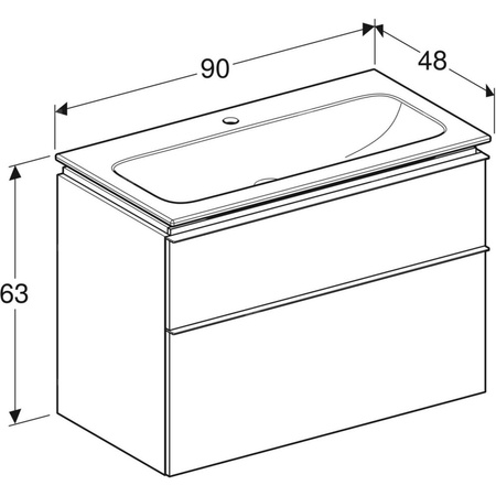 Zestaw umywalki meblowej Geberit iCon slim rim, z szafką pod umywalkę, z dwoma szufladami i zestawem odpływowo-przelewowym do umywalki: B=90cm, Umywalka: biały, Korpus i front: szary piaskowy / lakierowany, wysoki połysk, Uchwyt: szary piaskowy / malowany