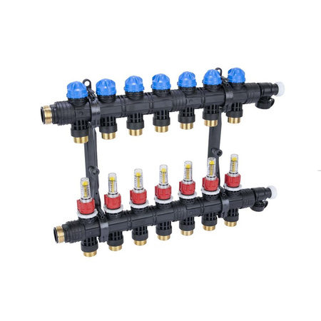 Rozdzielacz do ogrzewania podłogowego AFRISO ProCalida EF1 K 7-obieg. poliamid GZ 1" x Eurocono 3/4" + przepływomierz + zawór napełn/spust