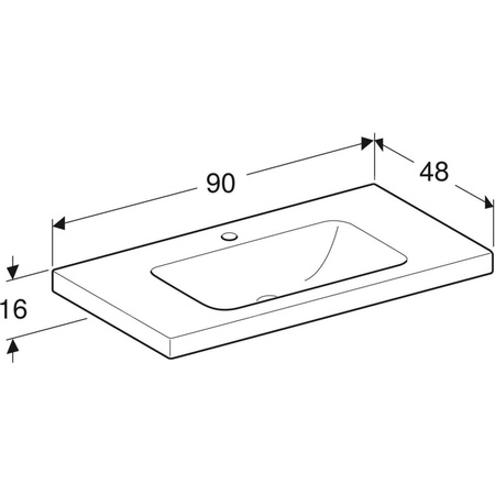Umywalka GEBERIT iCon Light prostokątna, biała, 900mm, otwór na baterię na środku, bez odpływu przelewowego, półki z obu stron