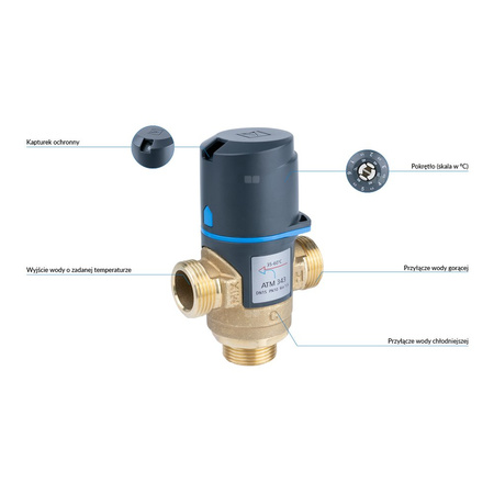 Zawór regulacyjny termostatyczny do wody ciepłej AFRISO ATM 343 mosiądz GZ 3/4'', DN 15, zakres temp. 35-60'C, Kvs 1.6 m3/h, maksymalna temperatura 90'C, maksymane ciśnienie 10 bar