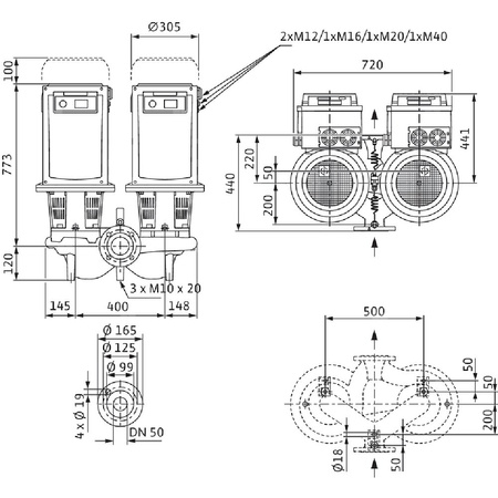 Pompa obiegowa WILO CronoTwin-DL-E 50/210-11/2-R1-IE4 typu in-line z silnikiem znormalizowanym 50/60 Hz, moc silnika 11kW 20 A 2900 obr/min, wlot Kołnierz DN 50
