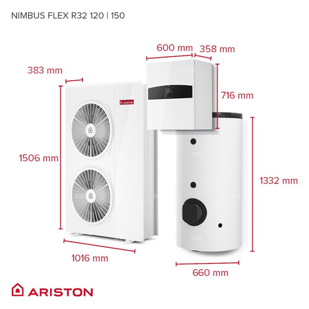 Pakiet - Pompa ciepła powietrzna powietrze-woda monoblok ARISTON NIMBUS FLEX M NET R32 9.5 kW 400 V + Moduł naścienny Sensys HD z łącznością Wi-FI + Zasobnik buforowy 200 l