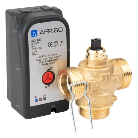 Zawór trójdrożny AFRISO AZV 643 mosiądz, średnica DN 20 gwinty zewnętrzne silnik elektryczny