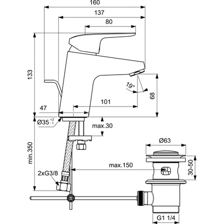 CERAFLEX Bateria umywalkowa stojąca z korkiem metalowym, 5L/min