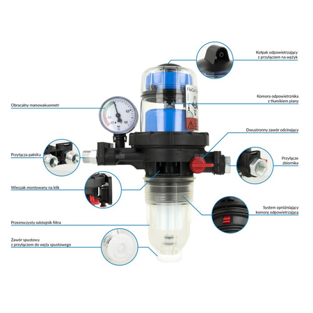 Filtr olejowy AFRISO FloCo-Top-2CM Si zintegrowany z odpowietrznikiem fi 3/8'' x 3/8'' GW x GZ, z wkładem plastikowym, maks. przepływ 100 l/h