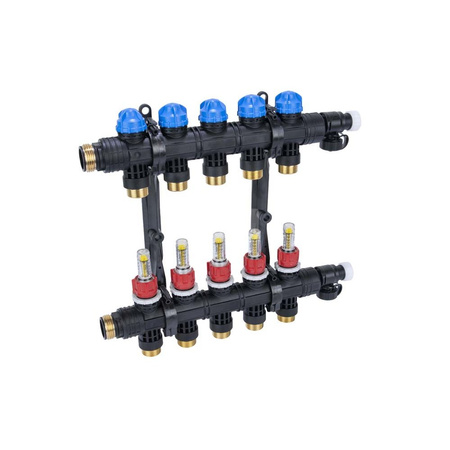 Rozdzielacz do ogrzewania podłogowego AFRISO ProCalida EF1 K 5-obieg. poliamid GZ 1" x Eurocono 3/4" + przepływomierz + zawór napełn/spust