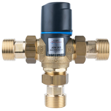 Zawór regulacyjny termostatyczny do wody ciepłej AFRISO ATM 363 ze śrubunkami mosiądz GZ 1'', DN 20, zakres temp. 35-60'C, Kvs 1.6 m3/h, maksymalna temperatura 90'C, maksymane ciśnienie 10 bar