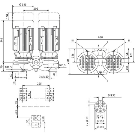Pompa obiegowa WILO VeroTwin-DPL 32/105-0,75/2-IE3 typu in-line z silnikiem znormalizowanym 50 Hz, moc silnika 0.75kW 1.84 A 2900 obr/min, wlot Kołnierz DN 32