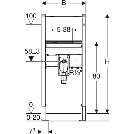 Stelaż podtynkowy do umywalki GEBERIT Duofix, 1120 x 500 x 75 mm, bateria: stojąca z podtynkową skrzynką funkcyjną, regulacja wysokośći, wbudowany syfon