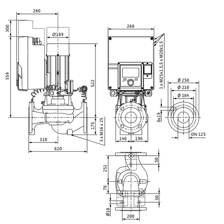 Pompa obiegowa WILO Stratos GIGA 2.0-I 125/1-7/2,2-R1 typu in-line z silnikiem znormalizowanym 50/60 Hz, moc silnika 2.1kW 3.6 A 1410 obr/min, wlot Kołnierz DN 125