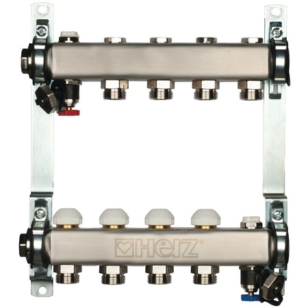 Rozdzielacz do ogrzewania podłogowego HERZ 11-obieg. stal nierdzewna GW 1'' x GZ 3/4'' + zawór napełn/spust + odpowietrznik