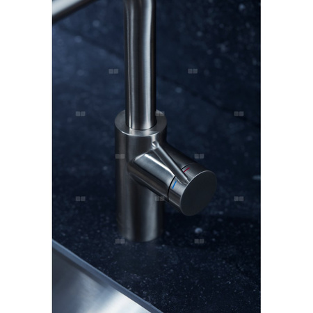 Bateria zlewozmywakowa stojąca KFA Armatura DUERO BASIC, kolor inox, wyciągana wylewka i obrotowa wylewka 2 funkcyjna, obrotowy górny, wys. 301 mm