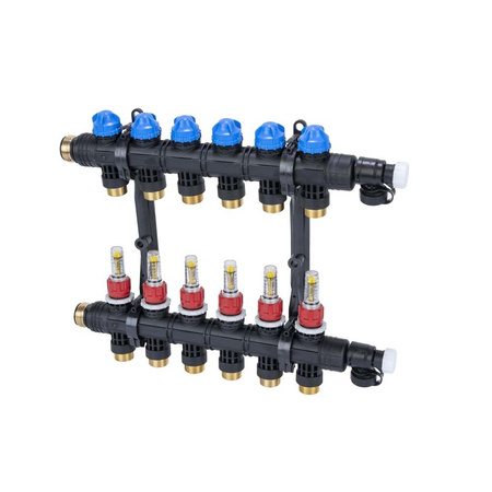 Rozdzielacz do ogrzewania podłogowego AFRISO ProCalida EF1 K 6-obieg. poliamid GZ 1" x Eurocono 3/4" + przepływomierz + zawór napełn/spust