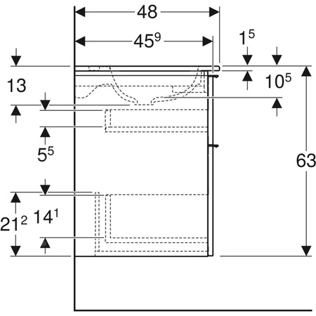 Zestaw umywalki meblowej Geberit iCon slim rim, z szafką pod umywalkę, z dwoma szufladami i zestawem odpływowo-przelewowym do umywalki: B=75cm, Umywalka: biały, Korpus i front: dąb / melaminowa struktura drewna, Uchwyt: lava / malowany proszkowo, matowy