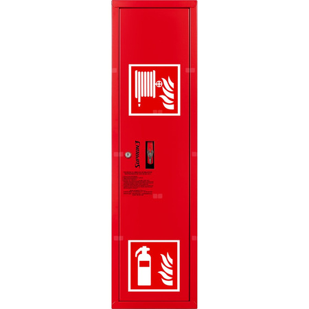 Hydrant DN 52 zawieszany boczny ze zwijadłem, z miejscem na gaśnicę, wąż 15 m, zamek patent, RAL 3000 prawy