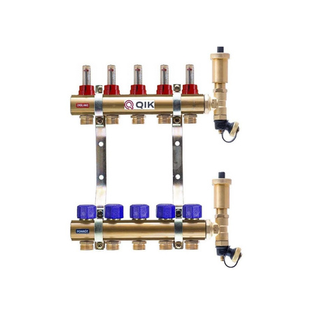 Rozdzielacz do ogrzewania podłogowego QIK STANDARD II TN 5-obieg. mosiądz GW 1'' x GZ 3/4'' + przepływomierz