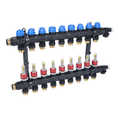 Rozdzielacz do ogrzewania podłogowego AFRISO ProCalida EF1 K 9-obieg. poliamid GZ 1" x Eurocono 3/4" + przepływomierz + zawór napełn/spust