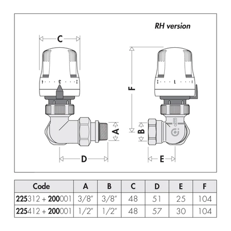 3-osiowy grzejnikowy zawór termostatyczny do rur stalowych (i miedzianych z serią 441). Wykonanie prawe 1/2"