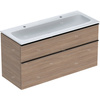 Zestaw umywalki meblowej Geberit iCon, slim rim, z szafką pod umywalkę, z dwoma szufladami i odpływowo-przelewowym do umywalki: B=120cm, Umywalka: biały, Korpus i front: dąb / melaminowa struktura drewna, Uchwyt: lava / malowany proszkowo, matowy