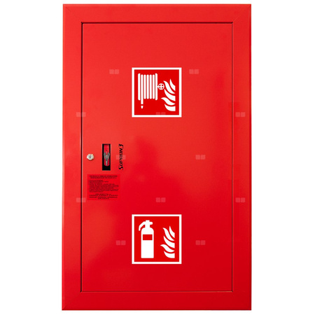 Hydrant DN 52 wnękowy z koszem, 850x500x200 mm, z miejscem na gaśnicę, wąż 2x20 m, zamek patent, RAL 3000