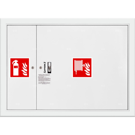 Hydrant DN 52 wnękowy z miejscem na gaśnicę obok kosza, wąż 20 m, zamek patent, RAL 9003