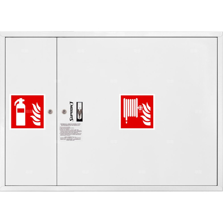 Hydrant DN 52 zawieszany z miejscem na gaśnicę obok kosza, wąż 15 m, zamek patent, RAL 9003