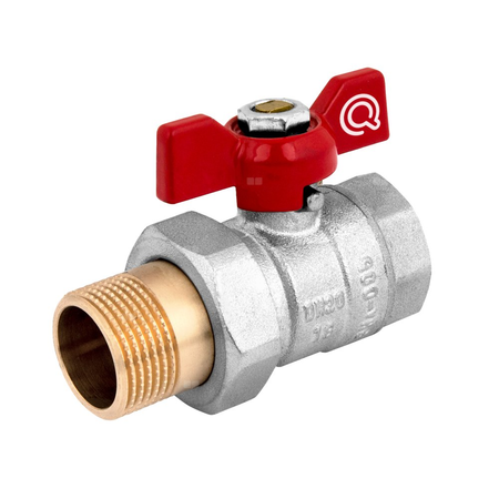 Zawór kulowy QIK 05 mosiądz, PN30 1/2'' GW x GZ ze śrubunkiem, uchwyt: motylek