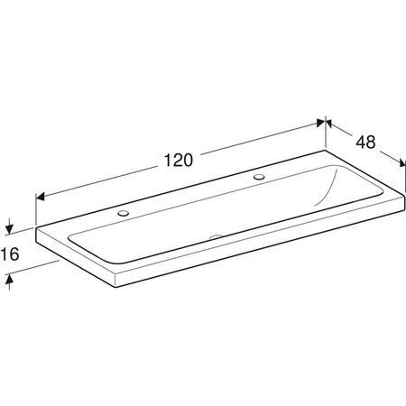 Umywalka GEBERIT iCon Light 2-stanowiskowa prostokątna, biała, 1200mm, otwór na baterię z lewej i prawy, bez odpływu przelewowego, półka od ściany