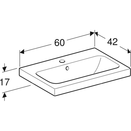 Umywalka GEBERIT iCon Light prostokątna, biała, 600mm, otwór na baterię na środku, z odpływem przelewowym, półka od ściany