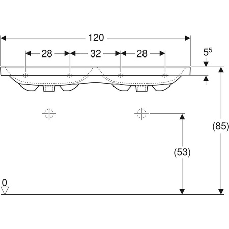Umywalka GEBERIT iCon Light podwójna 2-stanowiskowa prostokątna, biała, 1200mm, bez otworu na baterię, bez odpływu przelewowego, półka od ściany