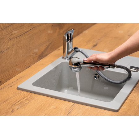 Bateria zlewozmywakowa stojąca KFA Armatura INDIRA, obrot. wylewka, kolor chrom, z wyciąganym natryskiem, mosiądz