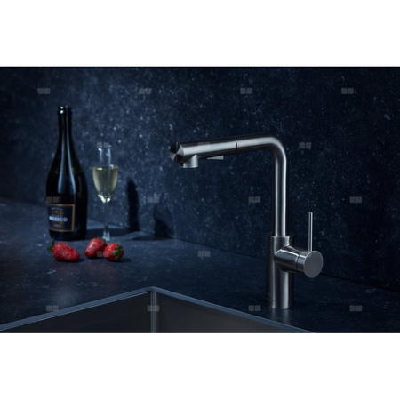 Bateria zlewozmywakowa stojąca KFA Armatura DUERO BASIC, kolor inox, wyciągana wylewka i obrotowa wylewka 2 funkcyjna, obrotowy górny, wys. 301 mm