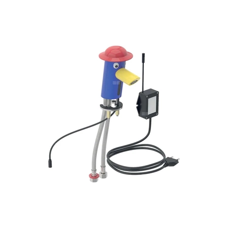 Bateria umywalkowa Geberit Bambini, zasilanie sieciowe, wielokolorowa: Mieszacz=Z mieszaczem, Osłona: czerwona, Korpus: niebieski ultramaryna, Wylot: żółty drogowy