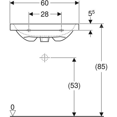 Umywalka GEBERIT iCon Light prostokątna, biała, 600mm, bez otworu na baterię, z odpływem przelewowym, półka od ściany