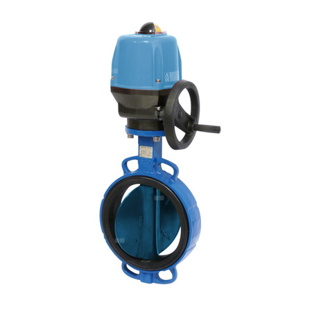 Przepustnica bezkołnierzowa SYLAX z napędem elektr. on/off SOCLA seria V 3x400V 50Hz, IP68, dysk: GGG40 epoksyd., wykładzina: EPDM, korpus: GG25 epoksyd., Pnom 0,6 MPa, tmax=120 st.C