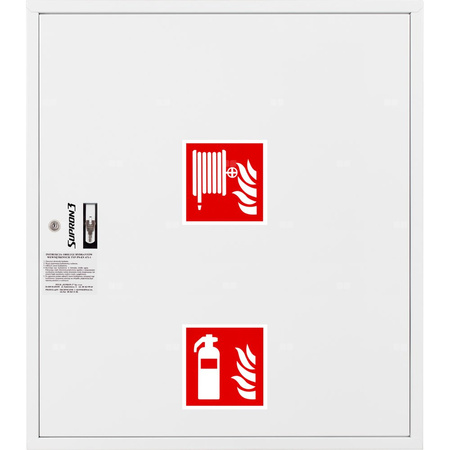 Hydrant DN 52 zawieszany z miejscem na gaśnicę pod zwijadłem, wąż 15 m, zamek patent, RAL 9003