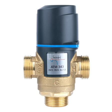 Zawór regulacyjny termostatyczny do wody ciepłej AFRISO ATM 343 ze śrubunkami mosiądz GZ 3/4'', DN 15, zakres temp. 35-60'C, Kvs 1.6 m3/h, maksymalna temperatura 90'C, maksymane ciśnienie 10 bar