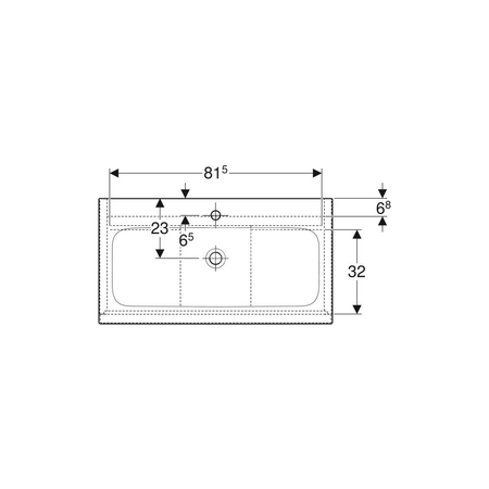 Umywalka GEBERIT iCon prostokątna, biała, 750mm, otwór na baterię na środku, nakładany od góry, bez odpływu przelewowego, półka od ściany