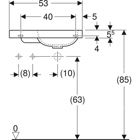 Umywalka GEBERIT iCon Light prostokątna, biała, 530mm, otwór na baterię z lewej, bez odpływu przelewowego, półka z lewej