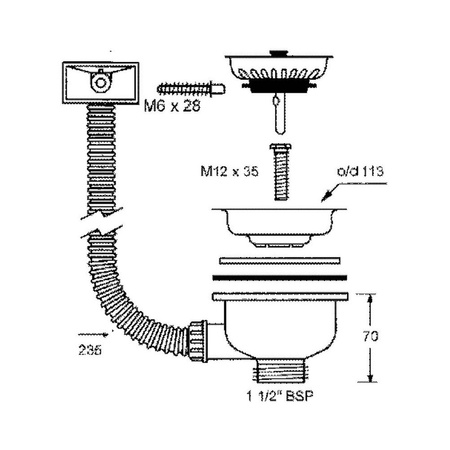 Spust zlewozmywakowy 11/2"x113mm z sitkiem wyciąganym ze stali nierdzewnej, przelew horyzontalny