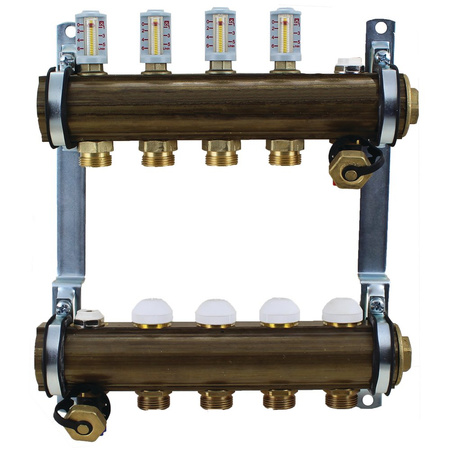 Rozdzielacz do ogrzewania podłogowego HERZ 12-obieg. mosiądz GW 1'' x GZ 3/4'' + przepływomierz + zawór napełn/spust + odpowietrznik
