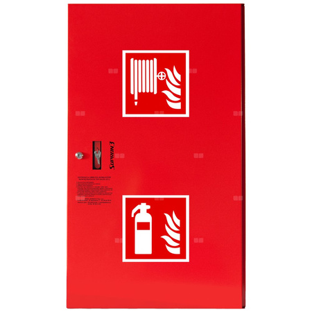 Hydrant DN 52 zawieszany z koszem, z miejscem na gaśnicę obok kosza, wąż 2x20 m, zamek patent, RAL 3000