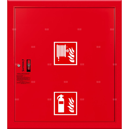Hydrant DN 52 wnękowy z miejscem na gaśnicę pod zwijadłem, wąż 15 m, zamek patent, RAL 3000