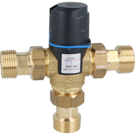Zawór regulacyjny termostatyczny do wody ciepłej AFRISO ATM 363 ze śrubunkami mosiądz GZ 1'', DN 20, zakres temp. 35-60'C, Kvs 1.6 m3/h, maksymalna temperatura 90'C, maksymane ciśnienie 10 bar