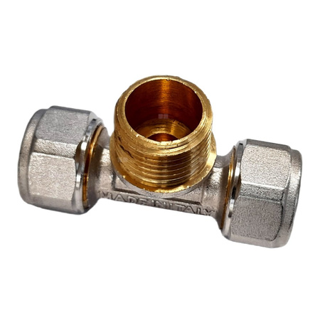 Trójnik QIK Skręcany do rur wielowarstwowych mosiądz 20 mm x 3/4'' x 20 mm (złącze skręcane x GZ x złącze skręcane)