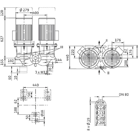Pompa obiegowa WILO CronoTwin-DL 80/150-7,5/2-IE3 typu in-line z silnikiem znormalizowanym 50 Hz, moc silnika 7.5kW 13.3 A 2900 obr/min, wlot Kołnierz DN 80