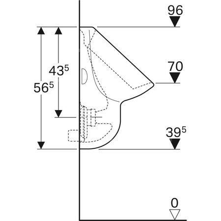 Pisuar Geberit Aller, dopływ u góry, odpływ do tyłu lub w dół: T=35cm, Odpływ=Do tyłu lub w dół, Dopływ=U góry, Biały