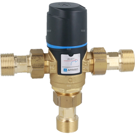 Zawór regulacyjny termostatyczny do wody ciepłej AFRISO ATM 341 ze śrubunkami mosiądz GZ 3/4'', DN 15, zakres temp. 20-43'C, Kvs 1.6 m3/h, maksymalna temperatura 90'C, maksymane ciśnienie 10 bar